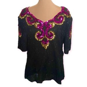 Vintage Sténay 100% Silk & Beaded Top in Black Pink & Gold size women’s XL large